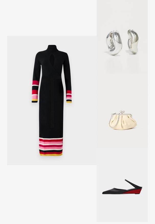 Strikket sort kjole med høj krave, omslag design, lange ærmer med farverige stribede detaljer i pink, rød og gul ved manchetterne og kanten.; Sort spids slingback-sko med lav rød kilehæl og tynd ankelrem mod en ensfarvet baggrund.; Plisseret beige læderclutch med en sølvmetalramme, der har to runde dekorative låse og en sølvkædetrasporte.; Sølvskulpturelle øreringe med glatte, buede former og reflekterende overflader. Har et lukket hoop-design og en markant organisk form.
