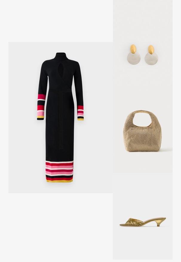 Vestido negro de punto con un alto cuello, diseño envolvente, mangas largas con acentos a rayas de colores en rosa, rojo y amarillo en los puños y el dobladillo.; Zapato mule dorado con tiras, puntera abierta, tacón bajo tipo kitten y diseño anudado sobre fondo blanco liso.; Bolso pequeño de tono dorado cubierto de tachuelas redondas brillantes con un asa corta y un recorte rectangular en la parte superior.; Pendientes de metal dorado y plateado con base de disco redondo y pieza superior ovalada, textura suave y acabado pulido.