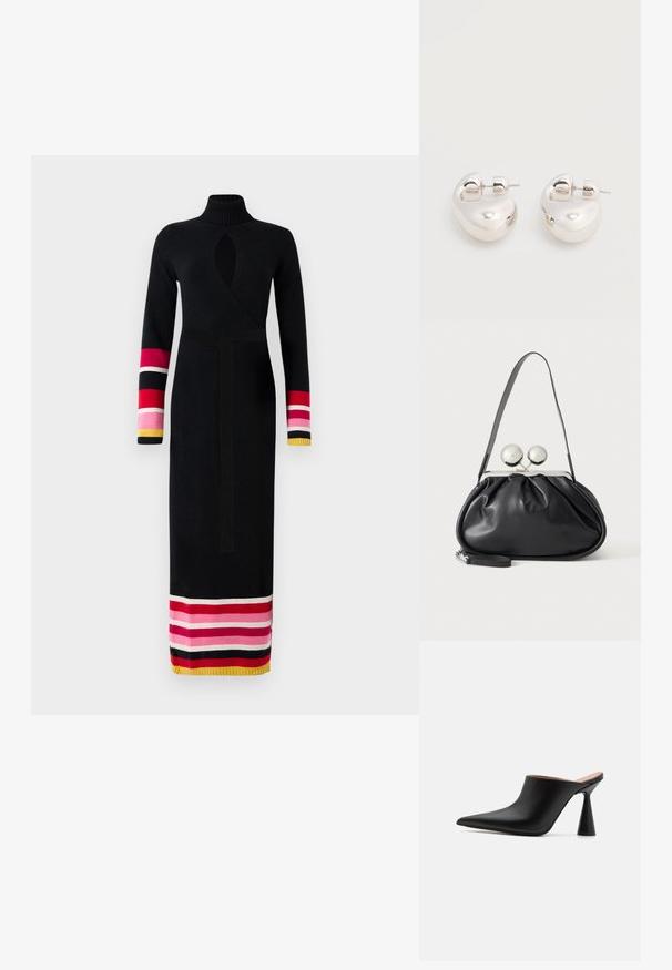 Vestido negro de punto con un alto cuello, diseño envolvente, mangas largas con acentos a rayas de colores en rosa, rojo y amarillo en los puños y el dobladillo.; Mules de cuero negro con punta afilada y un singular tacón en forma de cono. Textura suave y diseño minimalista, con parte trasera abierta para facilitar su uso.; Bolso de mano de cuero negro con diseño fruncido, una sola correa, marco metálico plateado y dos cierres grandes redondos de plata.; Par de pendientes llamativos de aro grueso plateado brillante con cierre de poste sobre un fondo blanco liso.