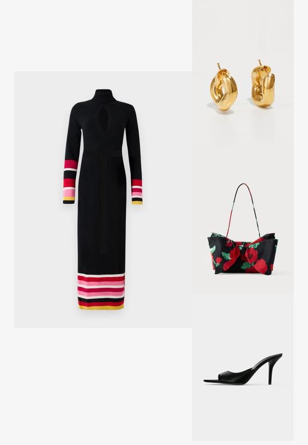 Vestido negro de punto con un alto cuello, diseño envolvente, mangas largas con acentos a rayas de colores en rosa, rojo y amarillo en los puños y el dobladillo.; Mule de piel negra con punta abierta y tacón alto de aguja fino, mostrado de perfil sobre un fondo liso.; Bolso de hombro floral que presenta tela negra con patrones de flores rojas y verdes, detalle de lazo y un asa delgada y colorida.; Pendientes de aro grueso en oro con un diseño tubular ligeramente retorcido y cierre de presión, sobre un fondo blanco.