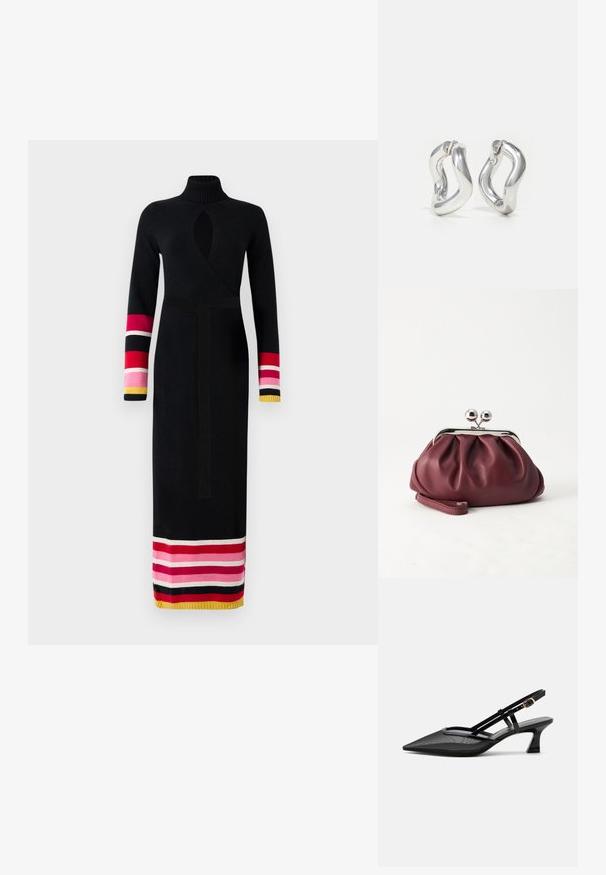 Robe en tricot noire avec un col haut, design enveloppant, manches longues avec des accents colorés rayés en rose, rouge et jaune au niveau des poignets et de l'ourlet.; Chaussure slingback noire à bout pointu avec tige en mesh, fines brides, boucle dorée et petit talon incurvé sur fond blanc.; Petit sac pochette en cuir bordeaux avec fermoir métallique argenté et bracelet sur fond blanc.; Boucles d'oreilles créoles argentées avec un design torsadé. Bords arrondis et finition brillante. Fermoirs ouverts pour un port facile. Texture lisse sur toute la surface.
