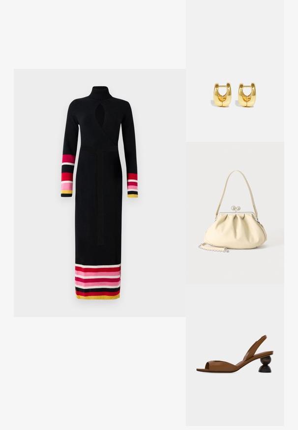 Vestido negro de punto con un alto cuello, diseño envolvente, mangas largas con acentos a rayas de colores en rosa, rojo y amarillo en los puños y el dobladillo.; Sandalia marrón con punta abierta y tiras traseras, con un distintivo tacón redondo de madera de dos piezas, sobre un fondo claro sencillo.; Bolso de mano de piel suave color crema con diseño fruncido, cierre de marco plateado, asa corta y una correa de cadena desmontable.; Pendientes de aro de oro con un diseño elegante y redondeado. Presentan un centro hueco y una superficie brillante, complementando estilos modernos.