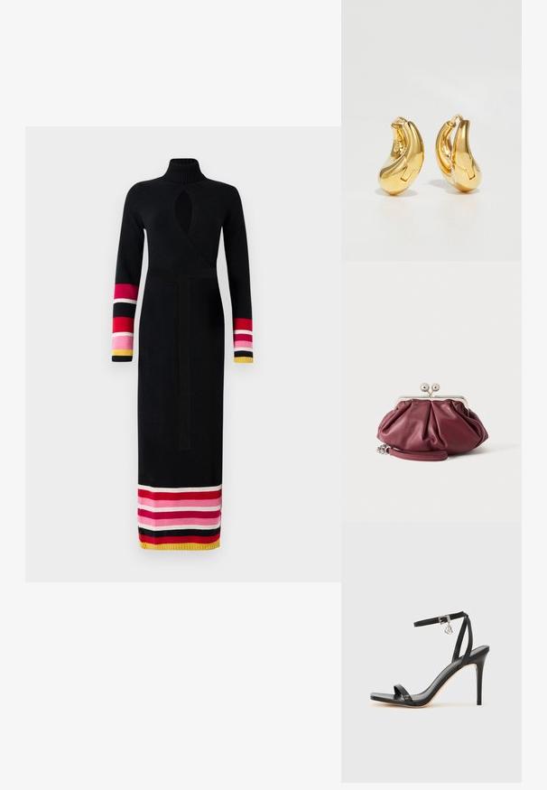 Gestricktes schwarzes Kleid mit hohem Kragen, Wickeldesign und langen Ärmeln, die an den Bündchen und dem Saum mit bunten gestreiften Akzenten in Pink, Rot und Gelb versehen sind.; Schwarze High-Heel-Sandale mit schmalem Knöchelriemen, quadratischer Zehenbox, glattem Leder und metallischem Schnallenakzent.; Kleine bordeauxrote Leder-Clutch mit silbernem Metallverschluss und Handgelenksriemen auf weißem Hintergrund.; Goldene Creolen mit einer glatten, geschwungenen Form und polierter Oberfläche. Mit einem Verschlussmechanismus und leichten Einkerbungen für Details.