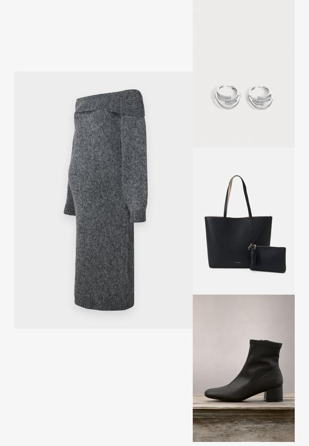 Graues gestricktes Kleid mit einem schulterfreien Design, langen puffärmeligen Ärmeln und gerippten Bündchen; weiche Textur und knielange Länge.; Schwarzer Knöchelstiefel mit glattem, glänzendem Lederfinish, schrägem Blockabsatz und einem eng anliegenden, elastischen Schaft für eine schlanke Silhouette.; Schwarze Tragetasche aus strukturiertem Material, mit zwei langen Griffen und einem abnehmbaren Reißverschlussbeutel mit Quastendetail. Goldenes Markenlogo sichtbar.; Paar polierte silberne Creolen mit geschichtetem, gebogenem Stabdesign auf einem einfarbigen hellen Hintergrund.