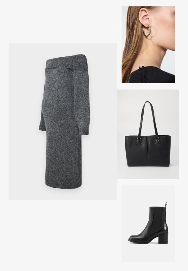 Robe en tricot gris avec une conception dénudée d'épaules, de longues manches bouffantes et des poignets côtelés ; texture douce et longueur mi-mollet.; Botte noire en cuir à chevilles avec panneaux latéraux en élastique, bout rond et talon bloc. Texture lisse avec peu de détails de couture.; Sac fourre-tout noir en simili cuir avec une finition texturée, deux longues poignées et des accents en métal doré sur le côté. Shape rectangulaire.; Boucle d'oreille en argent avec une finition polie, présentant de petits détails en or et de forme ronde, portée sur le lobe.