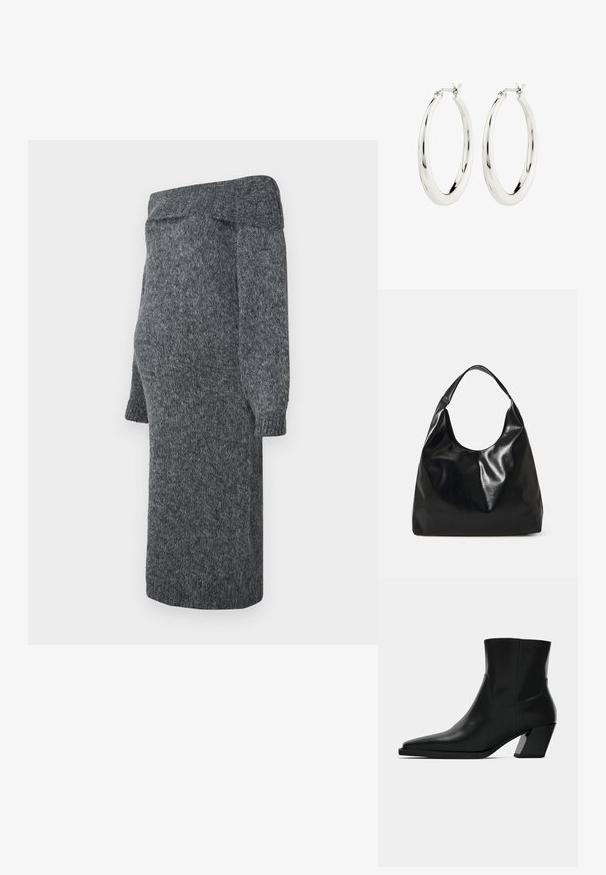 Graues gestricktes Kleid mit einem schulterfreien Design, langen puffärmeligen Ärmeln und gerippten Bündchen; weiche Textur und knielange Länge.; Schwarze Leder-Stiefelette mit spitzem Zeh, schlanker Silhouette und klobigem quadratischem Absatz. Glatte Textur mit minimalen Nähdetails.; Schwarze Leder-Hobo-Tasche mit einer weichen, glänzenden Textur und einem runden, offenen Oberteil. Verfügt über einen breiten, gebogenen Tragegurt. Keine sichtbaren Beschläge.; Silberne Creolen mit einer glatten, glänzenden Oberfläche. Kreisform, ausgestattet mit einem sicheren Verschluss. Einfaches und elegantes Design.