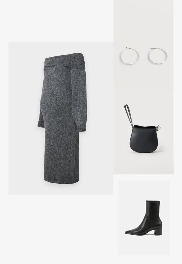 Graues gestricktes Kleid mit einem schulterfreien Design, langen puffärmeligen Ärmeln und gerippten Bündchen; weiche Textur und knielange Länge.; Schwarze Knöchelstiefel aus glattem Leder, mit spitzem Zehenbereich, einem Blockabsatz und markanten, raised stitching am oberen Rand.; Schwarze Leder-Handgelenktasche mit abgerundetem Boden und silbernem Verschluss auf schlichtem weißem Hintergrund.; Silberne Metallcreolen mit glatter, leicht gebogener Oberfläche und Klappverschluss vor schlicht weißem Hintergrund.