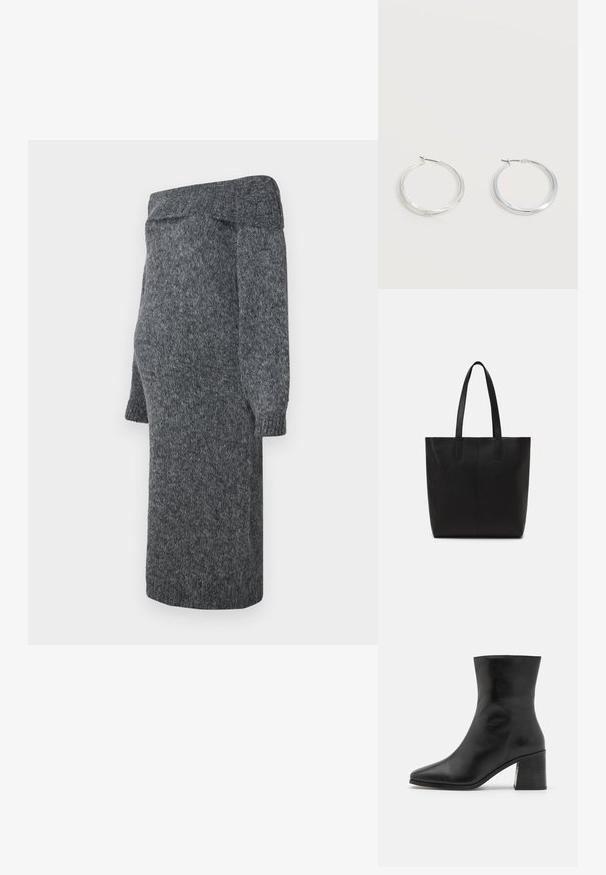 Grijze gebreide jurk met een off-shoulder ontwerp, lange poeffen mouwen en geribbelde manchetten; zachte textuur en midi-lengte.; Zwarte leren enkelboot, spitse neus, gladde textuur, middenhoge blokhak, minimalistisch ontwerp en gestikte afwerking langs de kraag.; Zwarte tote bag van getextureerd materiaal, met twee lange handvatten en een eenvoudig, minimalistisch ontwerp zonder zichtbare hardware.; Zilverkleurige metalen creolen oorbellen met een glad, licht gebogen oppervlak en sluitingen met haaksluiting op een effen witte achtergrond.