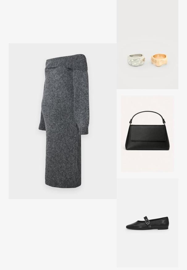 Grå strikket kjole med off-shoulder design, lange pufærmer og rullede manchetter; blød tekstur og længde til midten af læggen.; Sorte læder flade sko med rund tå, et enkelt justerbart spænde og en glat, blank overflade. Minimalistisk design med en lav hæl.; Sort læderhåndtaske med en topklap, trapezform og et enkelt buet håndtag fastgjort med metalringe.; To uregelmæssigt formede ringe side om side, den ene sølv med teksturerede detaljer, den anden glat og mat guld.