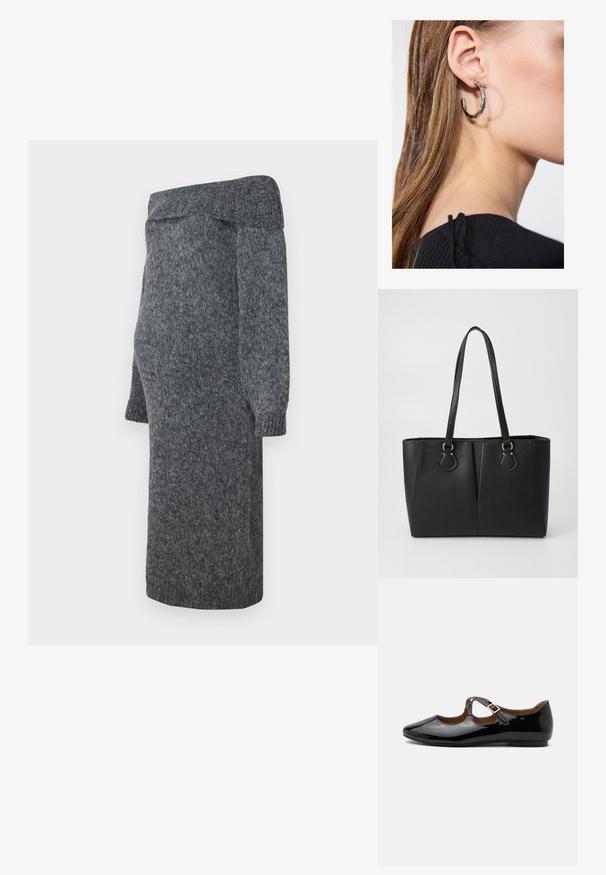 Grijze gebreide jurk met een off-shoulder ontwerp, lange poeffen mouwen en geribbelde manchetten; zachte textuur en midi-lengte.; Zwarte lakleren Mary Jane platte schoen met twee uitsparingen en een gouden gespbandje op een witte achtergrond.; Zwarte neplederen tote bag met een gestructureerde afwerking, twee lange handvatten en goudkleurige hardware-accenten aan de zijkant. Rechthoekige vorm.; Zilveren oorbel met een gepolijste afwerking, met kleine gouden accentdetails en een ronde vorm, gedragen op de oorlel.