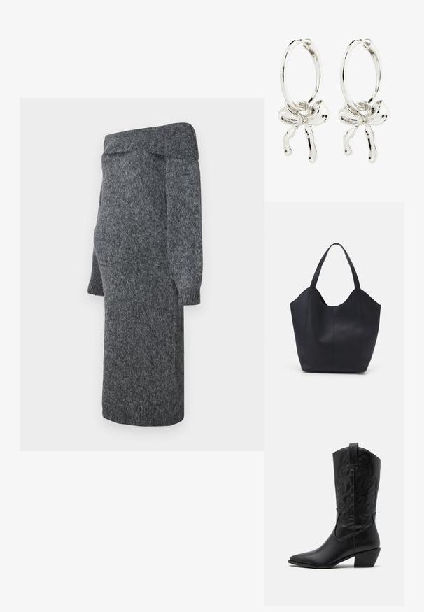 Graues gestricktes Kleid mit einem schulterfreien Design, langen puffärmeligen Ärmeln und gerippten Bündchen; weiche Textur und knielange Länge.; Schwarze Leder-Cowboy-Stiefel mit spitzem Zeh, geprägten, wirbelnden Mustern und einem mittelhohen Absatz. Mit einem Zuglasche für einfaches An- und Ausziehen.; Schwarze Tote-Bag aus glattem Leder, mit einem abgerundeten, offenen Oberteil, zwei Schulterträgern und einem minimalistischen Design.; Silberne Creolen mit einem Bogen-Detail in der Mitte, die eine polierte Oberfläche und eine glatte Textur präsentieren.
