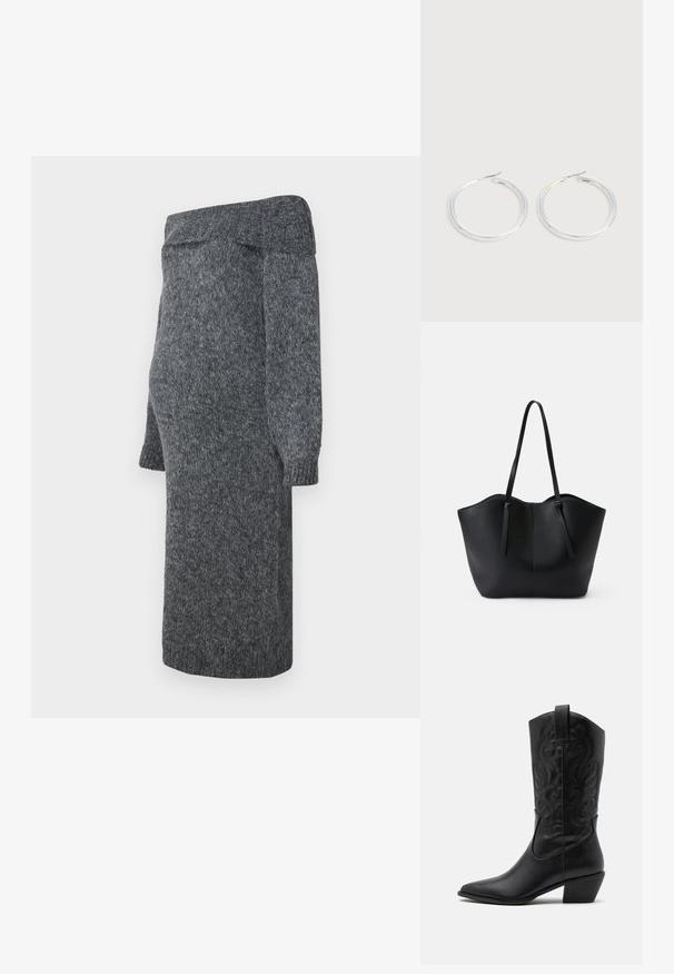 Γκρι πλεκτό φόρεμα με off-shoulder σχέδιο, μακριά φουσκωτά μανίκια και ριμπ μανσέτες; μαλακή υφή και μήκος μέχρι τη μέση της κνήμης.; Μαύρο δερμάτινο καουμπόικο μποτάκι με μυτερή μύτη, ανάγλυφα σπειροειδή σχέδια και μεσαίου ύψους τακούνι. Έχει χερούλι για εύκολη φόρμα.; Μαύρη τσάντα ώμου από υφασμένο δέρμα, με δύο μακριές λαβές και κυματιστό σχέδιο στην κορυφή με κεντρική ραφή.; Ζεύγος λαμπερών ασημένιων κρίκων με λεπτές σύρμα σφραγίδες, παρουσιασμένα σε ανοιχτό γκρι φόντο.