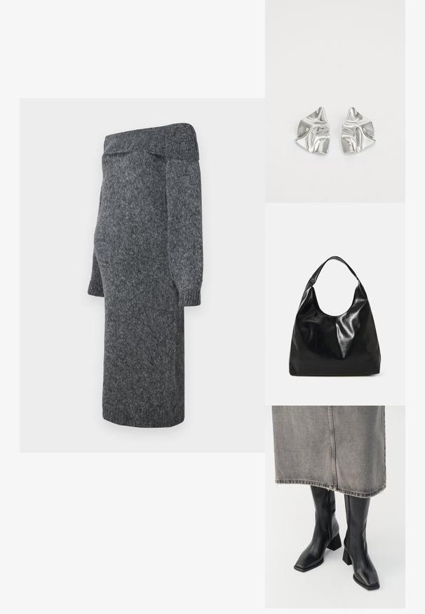 Robe en tricot gris avec une conception dénudée d'épaules, de longues manches bouffantes et des poignets côtelés ; texture douce et longueur mi-mollet.; Bottes noires montantes en cuir lisse avec un bout carré et un talon bloc. Portées avec une jupe en denim grise à l'ourlet effiloché.; Sac hobo en cuir noir avec une texture douce et brillante et un haut ouvert arrondi. Dispose d'une large sangle courbée pour le transport. Pas de matériel visible.; Boucles d'oreilles en métal argenté avec un design ondulé et sculptural, présentant une finition polie et des formes irrégulières, mettant en valeur une esthétique contemporaine.