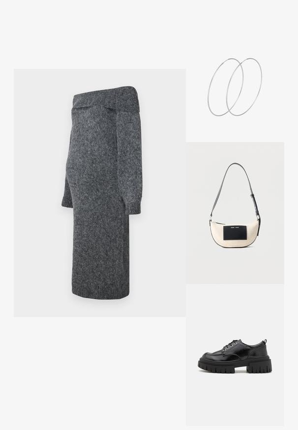Grå strikket kjole med off-shoulder design, lange pufærmer og rullede manchetter; blød tekstur og længde til midten af læggen.; Sorte læder snørestøvler med rund tå, tyk sort platformssål og rillet tekstur. Har snørehuller og en bageste løkke.; Beige skuldertaske formet som en halvmåne med justerbar sort rem og sort rektangulært mærke foran med lille hvid tekst.; Sølvøreringe med et minimalistisk design. Cirkulær form, glat tekstur og tynd profil. Letvægtige med en poleret overflade.