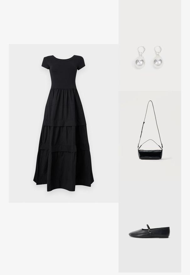 Robe maxi noire à manches courtes avec corsage cintré et jupe fluide à volants s'étendant jusqu'au sol sur un fond clair.; Ballerines noires en cuir avec un bout pointu, une semelle plate et une petite sangle avec un détail de boucle en argent.; Sac bandoulière rectangulaire en cuir noir avec bandoulière ajustable, fermeture éclair sur le dessus et petit logo Calvin Klein doré sur le devant.; Boucles d'oreilles en argent en forme de goutte avec des surfaces lisses, rondes et réfléchissantes, suspendues à des fermoirs à ressort. L'arrière-plan est blanc uni.