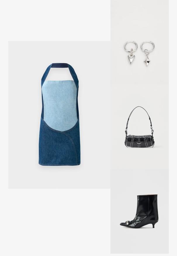 Denimforklæde med en blanding af lyse og mørke blå stoffer, med buede paneldesign og halterneck silhuet.; Sort læder ankelstøvle med spids tå, lav kitten-hæl og dekorativ sølvspænde på siden nær tåen.; Sort skuldertaske i laklæder med sølvnitter i lodrette rækker og et lille sølvfugleemblem midt på fronten.; Sølv hoop øreringe med et hjerte og en diamantformet vedhæng. Glat tekstur med en poleret finish.