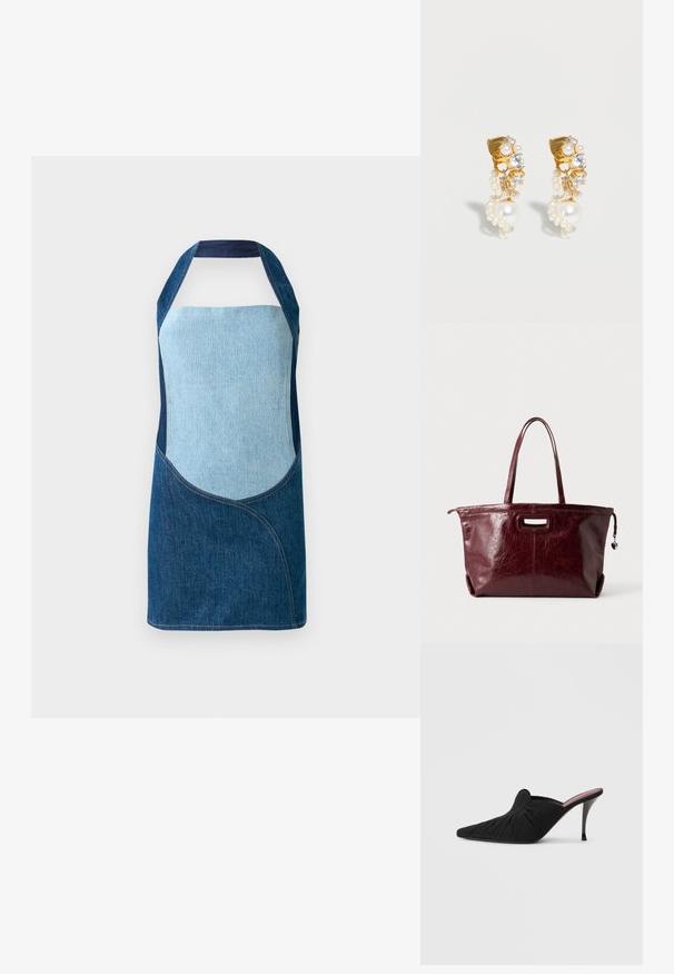 Denim-esiliina, joka sisältää sekoituksen vaaleita ja tummia sinisiä kankaita, kaarevilla paneelimuodoilla ja kaulakujamuodolla.; Musta korkeakorkoinen mule, jossa on terävä kärki, pehmeä kangas edessä ryhdistettynä ja ohut stiletto-korko.; Tummanpunainen nahkainen olkalaukku pitkillä kahvoilla, suorakaiteen muotoinen avattava kahva ja sydämenmuotoinen koriste vetoketjun vetimessä.; Kultaiset rengaskorvakorut, joissa on kirkaita kristalleja ja valkoisia pieniä ja suuria helmiä, jotka valuvat alas, esillä yksinkertaisella valkoisella taustalla.