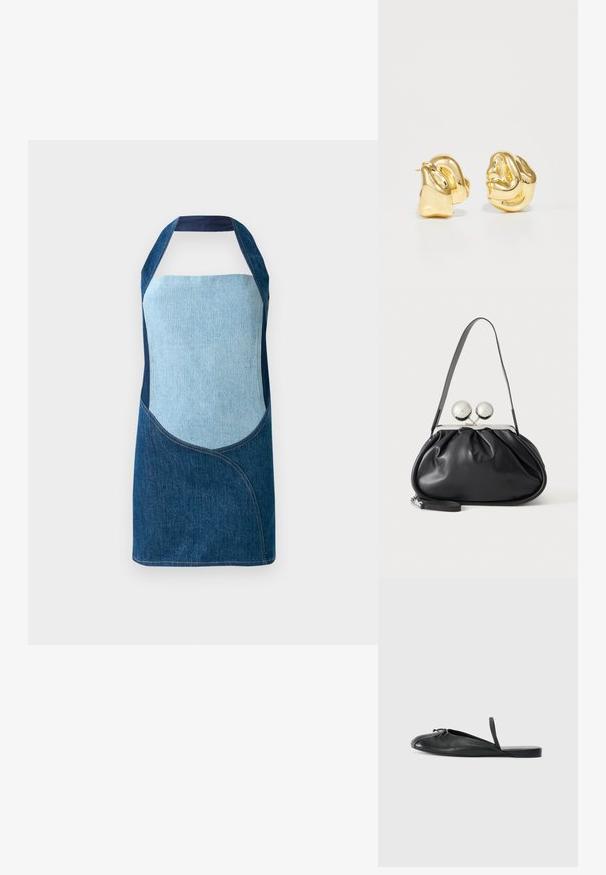 Denimforklæde med en blanding af lyse og mørke blå stoffer, med buede paneldesign og halterneck silhuet.; Sort læderskklæde med rund tå, sideskæringer og en tynd strop ved hælen. Glat tekstur med et minimalistisk design.; Sort læderhåndtaske med opsamlet design, en enkelt rem, sølv metalramme og to store runde sølv lukninger.; Guldtonede metalstud øreringe med et skulpturelt, snoet design. Glat, blank overflade med en afrundet form og ingen synlige udsmykninger.