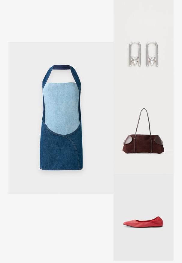 Denim eesriiet, mis koosneb heledast ja tumedast sinisest kangast, kaarjate paneelide kujundustega ja halternööbiga siluett.; Filippa K REY FLATS - Baleriinad - bright red; Pruun suede kott nahkakattega, struktureeritud kuju, kahe õlapaelaga ja ümarate servadega, millel on sile tekstuur ja minimaalne riistvara.; Hõbedased metallist kõrvarõngad, millel on U-kujuline disain ning südame aktsent aluses, sile tekstuur ja poleeritud viimistlus.