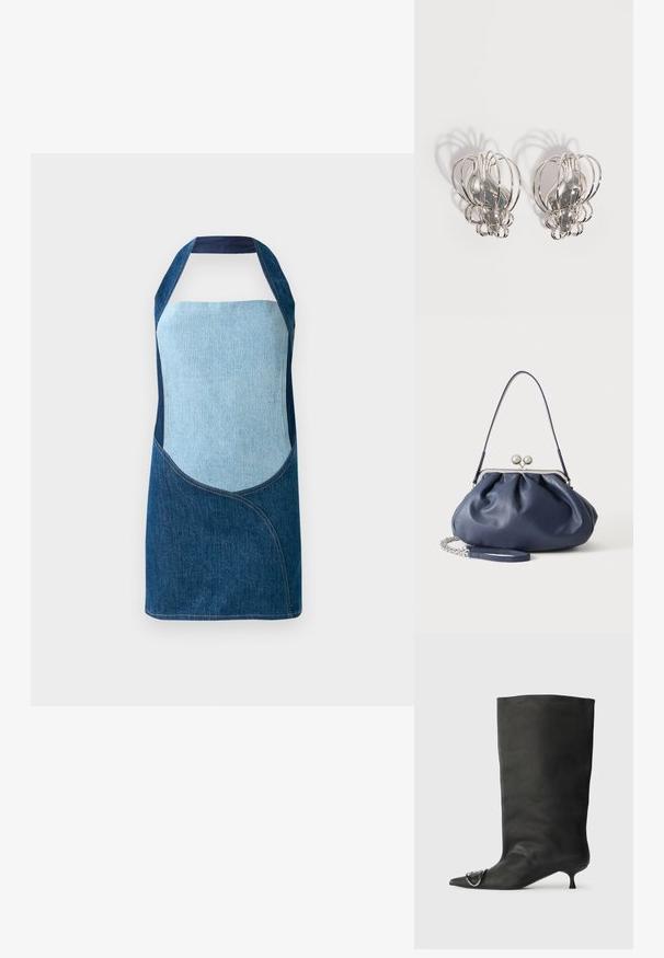 Denim eesriiet, mis koosneb heledast ja tumedast sinisest kangast, kaarjate paneelide kujundustega ja halternööbiga siluett.; Must musta põlve kõrgune saapakäik terava nina, väike konts ja metallist aktsentdetail nina peal. Ühtlane, matt tekstuur kogu ulatuses.; Pehme tumesinine nahast käekott hõbedase klambriga, ühe õlarihmaga ja eemaldatava ketiga randmerihmaga valgel taustal.; Hõbedast metallist kõrvarõngaste paar, millel on avatud traadist puuri disain ja siledad keskmised ovaalsed kujundid, mis heidavad valgel taustal kõveraid varje.