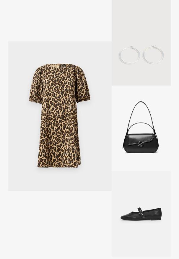 Vestido de estampado leopardo fabricado en tejido suave. Presenta un cuello redondo, mangas cortas abullonadas y una silueta en A. Los colores incluyen marrón claro y negro.; Zapato plano de cuero negro con punta redondeada, una sola correa ajustable con hebilla y una textura suave y brillante. Diseño minimalista con un tacón bajo.; Bolso de hombro de cuero negro con una solapa curva asegurada por un broche metálico redondo y una correa delgada y ajustable.; Pareja de pendientes de aro plateados brillantes con cierres de alambre delgado, mostrados sobre un fondo gris claro.