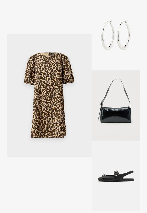 Leopardprint kjole lavet af glat stof. Har rund halsudskæring, puffede korte ærmer og A-formet silhuet. Farverne inkluderer tan og sort.; Sorte læderslippersko med flad sål, firkantet tå og to spænder over vristen. Glat tekstur med minimal detaljering.; Sort rektangulær skuldertaske med en enkelt justerbar rem og lynlås i toppen på en ensfarvet baggrund.; Sølvøreringe i form af hoops med en glat, blank finish. Cirkulær form, der har en sikker lås. Simpelt og elegant design.