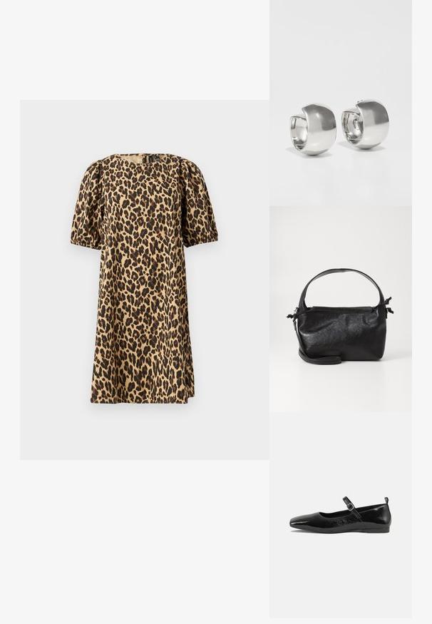 Leopardprint kjole lavet af glat stof. Har rund halsudskæring, puffede korte ærmer og A-formet silhuet. Farverne inkluderer tan og sort.; Sorte patentlæder flade sko med spidse tæer, en ankelrem med spænde og en glat, blank tekstur. Lav hæl for komfort.; Sort læderhåndtaske med et struktureret design, rund tophåndtag og aftagelig skulderrem. Den har en glat tekstur og en subtil glans.; Uncommon Matters SCULPTURAL LARGE CREOLE - Øreringe - silver-coloured