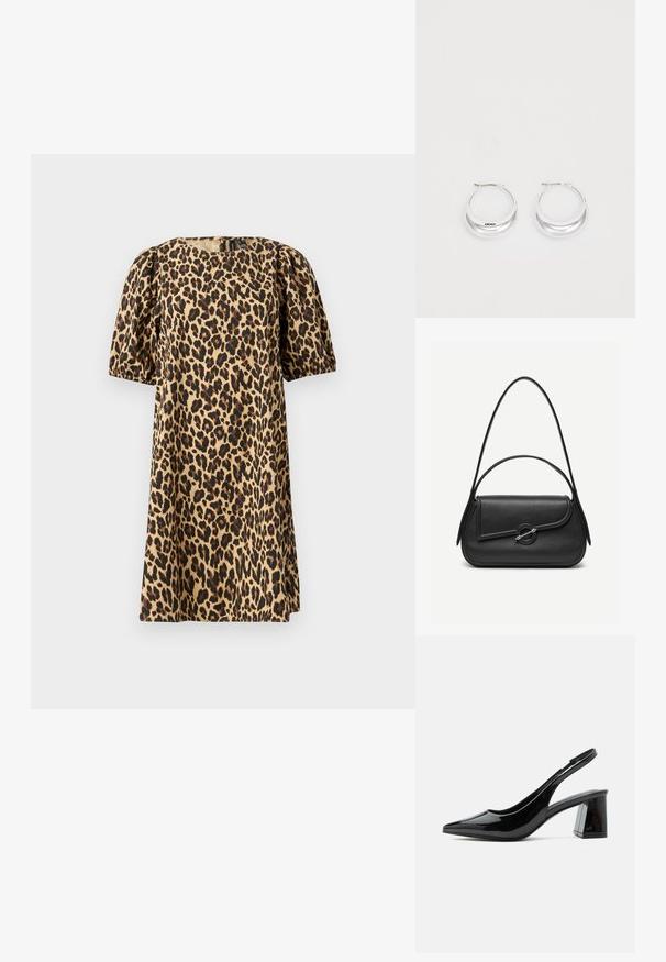 Vestido de estampado leopardo fabricado en tejido suave. Presenta un cuello redondo, mangas cortas abullonadas y una silueta en A. Los colores incluyen marrón claro y negro.; Zapato slingback negro de charol con punta afilada y tacón ancho de altura media sobre fondo blanco.; Bolso de cuero negro con bordes redondeados, solapa asimétrica, cierre circular de metal y correas de hombro cortas y largas.; Pendientes de aro de plata con un acabado pulido y la marca DKNY, exhibidos sobre un fondo blanco liso.