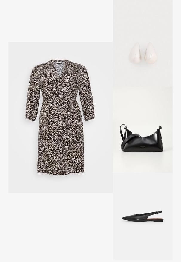 Vestido de estampado de leopardo hecho de tejido ligero, con escote en V, manga larga, cierre de botones y cintura con lazo para un ajuste ajustable.; Zapato de cuero negro tipo slingback con punta afilada, ligero brillo y correa ajustable en el tobillo. Tacón plano con plantilla marrón.; Bolso de mano de cuero negro con una textura suave. Cuenta con una correa ajustable y un diseño elegante y minimalista con cierre de cremallera.; Pendientes de gota de metal plateado con una superficie suave y reflectante, en forma de lágrima, que presentan un diseño sin costuras y sin embellishments visibles.