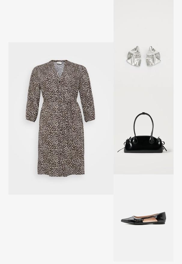 Vestido de estampado de leopardo hecho de tejido ligero, con escote en V, manga larga, cierre de botones y cintura con lazo para un ajuste ajustable.; Zapato plano puntiagudo de charol negro con corte lateral y pequeño lazo decorativo en el borde exterior.; Pequeño bolso negro brillante con dos asas largas y detalles de cordón lateral sobre un fondo claro liso.; Pendientes de metal plateado con un diseño ondulado y escultórico, que presentan un acabado pulido y formas irregulares, destacando una estética contemporánea.