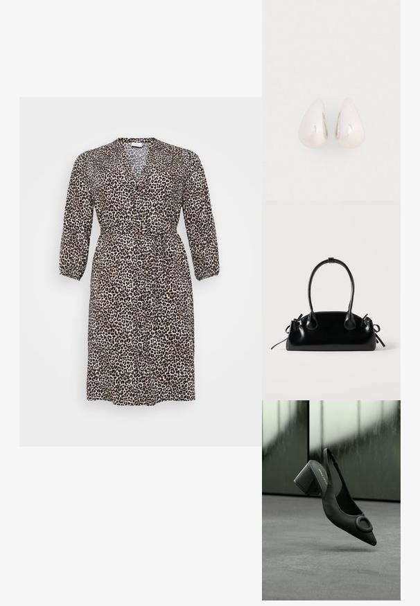 Leopardprint kjole lavet af letvægtsstof, med v-hals, lange ærmer, knaplukning og et bånd i taljen til justerbar pasform.; Sort læder slingback højhælede sko med spids tå og rund spænde, placeret mod en grå gulv og sløret baggrund.; Lille sort blank håndtaske med to lange håndtag og snøre-detaljer i siden på en ensfarvet lys baggrund.; Sølvmetal dråbeøreringe med en glat, reflekterende overflade og tåreform, der har et sammenhængende design uden synlige udsmykninger.