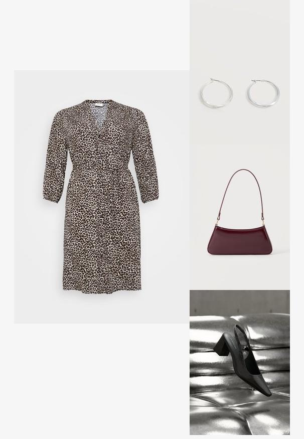 Leopardprint kjole lavet af letvægtsstof, med v-hals, lange ærmer, knaplukning og et bånd i taljen til justerbar pasform.; Sort slingback-hæl med spids tå, der har en tekstureret overflade og en chunky blokhæl. Lagt mod en skinnende, metallisk baggrund.; Mørk burgunderglans håndtaske med et enkelt tyndt håndtag og en elegant, trapezformet form på en ensartet lys baggrund.; Sølvfarvede metaloorringe med glat, let buet overflade og låsemekanisme på en ensfarvet hvid baggrund.