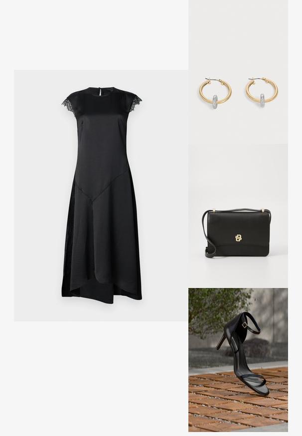 Schwarzes Kleid mit kurzen Kappenärmeln, glatter Satinoberfläche, tailliertem Oberteil, asymmetrischem Saum und zarten Spitzenakzenten an den Ärmeln.; Schwarze Sandalette mit hohem Absatz und Knöchelriemen schwebt über einem Holzboden im Freien vor verschwommenem Grün und Steinhintergrund.; Schwarze Leder-Umhängetasche mit glatter Textur, ausgestattet mit einem goldenen Logo-Akzent und einem langen, verstellbaren Tragegurt. Kompaktes, rechteckiges Design.; Paar goldfarbene Creolen mit kleinem silberfarbenem Schlaufen-Detail an jeder, vor hellem grauem Hintergrund präsentiert.