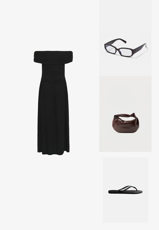 Sort off-the-shoulder maxi-kjole med samlet bodice og flydende kjole, lavet af blødt stof med en glat tekstur og elastisk talje.; Sort gummiflip-flop sandal med tekstureret fodseng og tynde Y-formede remme på en ensartet hvid baggrund.; Brune skildpadde-rektangulære briller med klare linser og slanke arme, der viser en glat tekstur og minimalistisk design.; Mørkebrun læder skuldertaske med en blød, afslappet form og et snoet knudehåndtag på en ensartet hvid baggrund.