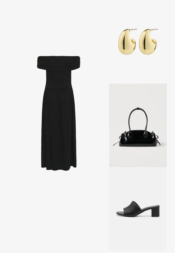 Schwarzes Maxikleid mit schulterfreiem Schnitt, gerafftem Oberteil und fließendem Rock, aus weichem Stoff mit glatter Textur und elastischem Bund.; Schwarze Leder-Mules mit Blockabsatz und offenem Zehenbereich, mit einer glatten Oberfläche und einem leicht geschwungenen Schaft für Komfort und Stil.; Kleine schwarze glänzende Handtasche mit zwei langen Griffen und seitlichen Kordelzug-Details vor einfachem hellem Hintergrund.; Goldfarbene Steckerohrringe mit einer glatten, glänzenden Oberfläche, die eine abstrahierte, tropfenförmige Form aufweisen. Einfache Metallstiftbefestigung.