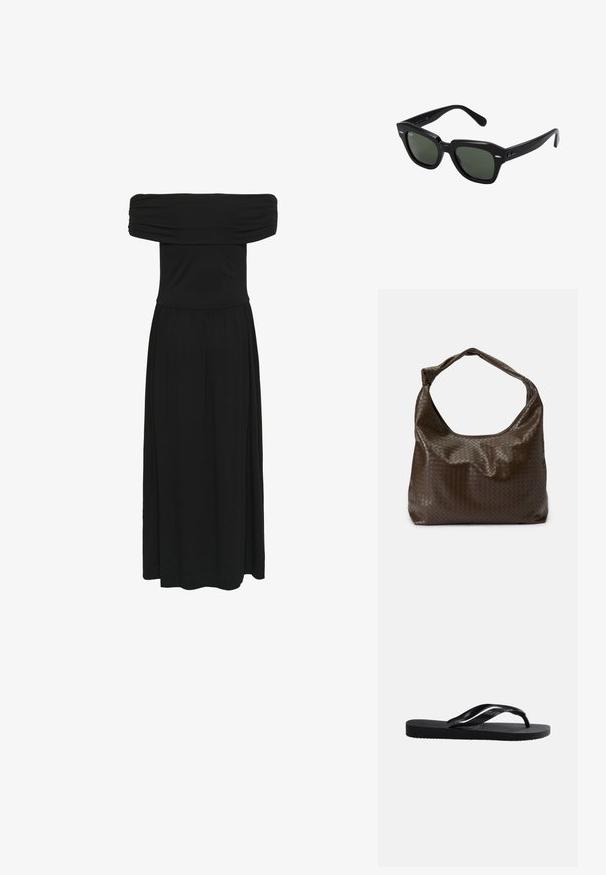 Sort off-the-shoulder maxi-kjole med samlet bodice og flydende kjole, lavet af blødt stof med en glat tekstur og elastisk talje.; Sort gummiflip-flop med tekstureret fodseng og glat Y-formet rem på en ensfarvet lys baggrund.; Sorte firkantede solbriller med mørkegrønne linser, der har kraftige stel og sølvdetaljer på siderne. Fremstillet i Italien.; Brun flettet lædertaske med en blød, slasket form, et enkelt håndtag og en tekstureret overflade. Den har en blød, blank finish og afrundede kanter.