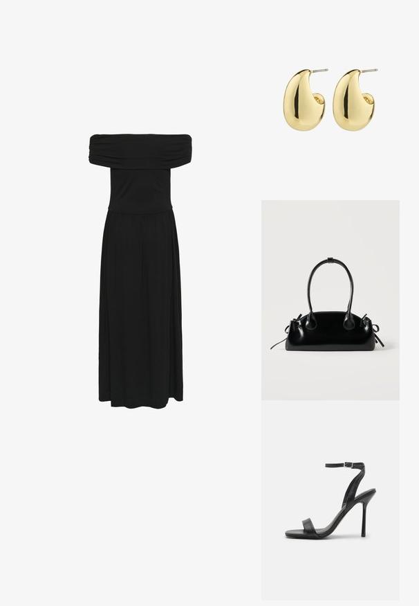 Sort off-the-shoulder maxi-kjole med samlet bodice og flydende kjole, lavet af blødt stof med en glat tekstur og elastisk talje.; Sort højhælet sandal med en slank ankelrem og to forreste bånd. Lavet af glat læder med en slank spids tå og stilettohæl.; Lille sort blank håndtaske med to lange håndtag og snøre-detaljer i siden på en ensfarvet lys baggrund.; Guldtonede studøreringe med en glat, poleret overflade i en abstrakt, tårnform. Simple metalpind til fastgørelse.