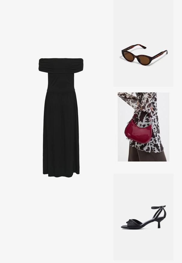 Sort off-the-shoulder maxi-kjole med samlet bodice og flydende kjole, lavet af blødt stof med en glat tekstur og elastisk talje.; Sort åben tå sandal med hæl og ankelrem, lille sløjfedetalje på tå-remmen og en lav, tilspidset hæl mod en ensfarvet baggrund.; Brune skildpadde solbriller med en vintage katteøje-form og brune linser. Har buede arme med røde detaljer.; Kvinde iført en sort- og hvidmønstret bluse, der holder en blank rød skuldertaske mod en ensfarvet baggrund.