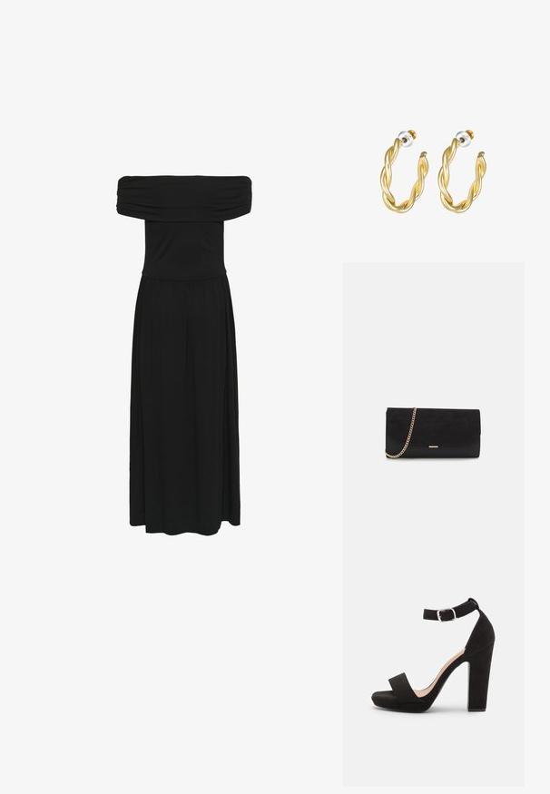 Sort off-the-shoulder maxi-kjole med samlet bodice og flydende kjole, lavet af blødt stof med en glat tekstur og elastisk talje.; Anna Field by Zalando Sandaler - black; Sort clutch taske lavet af ruskind med en struktureret overflade, udstyret med en guld kædestrop og et elegant, kantet design.; Guld snoede hoops øreringe med en glat overflade, der har en transparent baggrund og hardware i guldtoner.