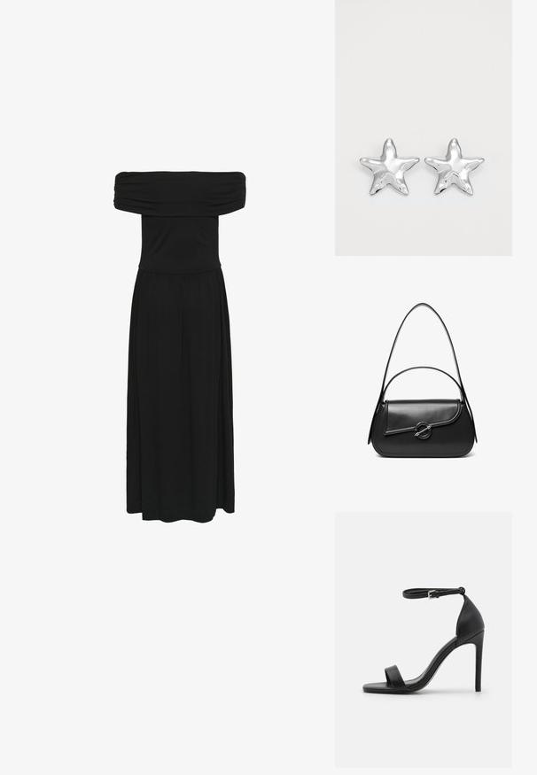 Sort off-the-shoulder maxi-kjole med samlet bodice og flydende kjole, lavet af blødt stof med en glat tekstur og elastisk talje.; Sort højhælet sandal med et sleek design, der har en ankelrem, åben tå og glat lædertekstur.; Sort skuldertaske i læder med en buet klap, der er fastgjort med en rund metal spænde, og en slank, justerbar rem.; Sølvstjernede øreringe med en poleret, blank overflade. Hver ørering har fem spidser og subtile teksturdetaljer på overfladen.