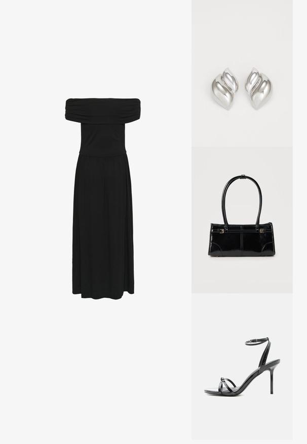Schwarzes Maxikleid mit schulterfreiem Schnitt, gerafftem Oberteil und fließendem Rock, aus weichem Stoff mit glatter Textur und elastischem Bund.; Schwarze Sandale aus Lackleder mit hohen Absätzen, dünnen Riemen über den Zehen und einem Knöchelriemen mit Schnalle auf weißem Hintergrund.; Glänzende schwarze rechteckige Handtasche mit zwei dünnen Schulterriemen und kleinen goldenen Schnallen vorne.; Silberne Ohrringe mit einer organischen, abstrakten Form. Glatte, glänzende Oberfläche mit einem konischen Design. Mit dezenten Kurven und einem zentralen Linienelement.