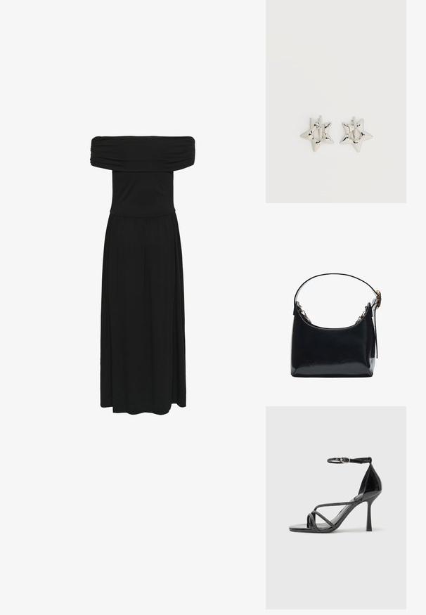 Sort off-the-shoulder maxi-kjole med samlet bodice og flydende kjole, lavet af blødt stof med en glat tekstur og elastisk talje.; Sorte laklæder højhælede sandal med ankelrem, der har krydskrydsede stropper og en slank spids tå.; Sort læder skuldertaske med en glat overflade, buet form og en aftagelig kæderekse. Har en top lynlåslukning og en diskret logo detalje.; Sølv stjerneformede øreringe med en glat, poleret finish på en ensfarvet hvid baggrund.