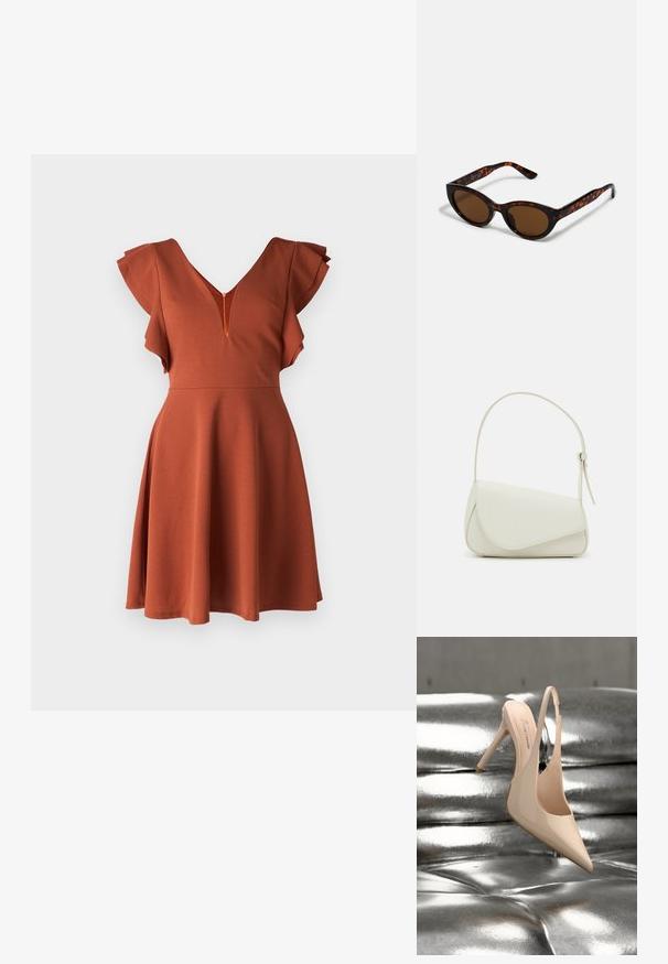 WAL G. LUCIA - Päevakleit - burnt orange; Beež lakknahast kõrge kontsaga slingback-king, millel on silt "VEGAN", lebamas metallik-hõbedasel tassitud pinnal.; Pruunid kilpkonnamustriga päikeseprillid, mille vintage-kassikujuline kuju ja pruunid läätsed. Omavad kaardus varsi punaste aktsentidega.; Valge kunstnahast käekott, millel on struktureeritud kolmnurkne kuju, üks reguleeritav rihm ja kõverjooneline klapp.
