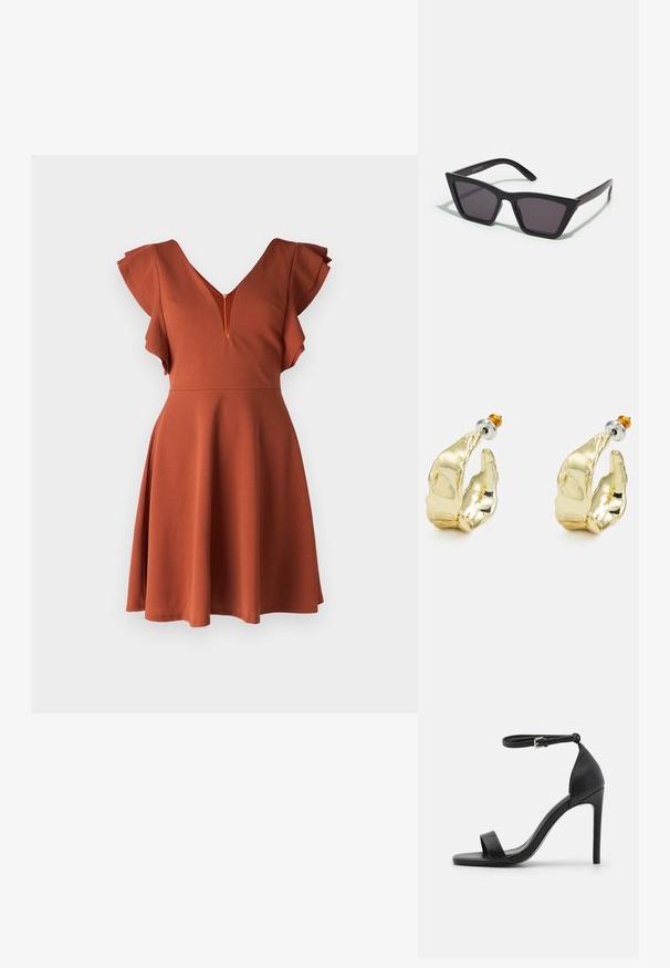 WAL G. LUCIA - Denné šaty - burnt orange; Čierne sandále na vysokom opätku s elegantným dizajnom, obsahujúce popruh okolo členka, otvorenú špičku a hladký kožený povrch.; Čierne, ostré slnečné okuliare so sivými sklami; vyrobené z plastu, majú hrubé ramená s hladkým povrchom a bez viditeľnej mechaniky.; Náušnice v zlatej farbe v tvare abstraktných rúk, s lesklým povrchom, zložitými detailmi a strieborným a zlatým podstavcom pre bezpečné upevnenie.