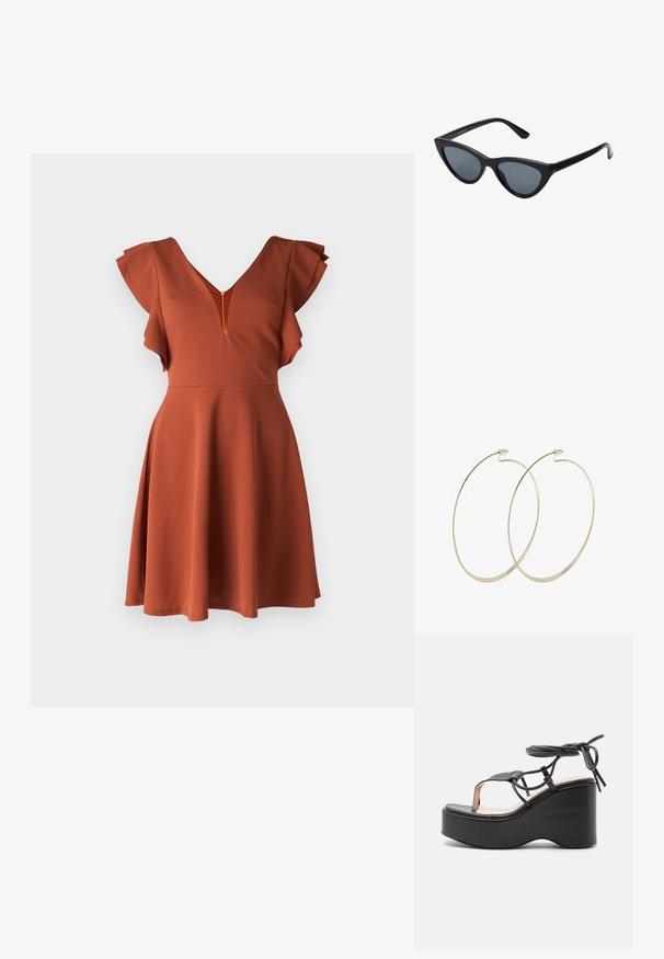 WAL G. LUCIA - Denné šaty - burnt orange; RAID LUCIENNE - Sandále na vysokom opätku - black; Čierne slnečné okuliare v štýle mačacích očí s tmavošedými sklami, elegantným plastovým rámom, špicatými rohmi a rovnými stranami. Bez viditeľného hardvéru alebo akcentov.; Pilgrim Náušnice - gold-coloured