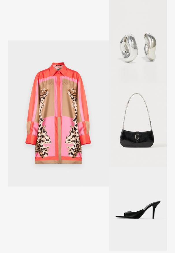 Roberto Cavalli DRESS - Φόρεμα πουκάμισο - coral red; Μαύρος δερμάτινος mule με ανοιχτά δάχτυλα και ψηλό λεπτό τακούνι στιλέτο, εμφανίζεται σε πλάγια όψη σε απλό φόντο.; Μαύρη τσάντα ώμου από δερμάτινο γυαλιστερό υλικό με ασημένια αγκράφα και ασημένια αλυσίδα, εμφανιζόμενη σε απλό φωτεινό φόντο.; Ασημένια γλυπτικά σκουλαρίκια με λείες, καμπύλες μορφές και ανακλαστικές επιφάνειες. Διακρίνονται για το κλειστό σχέδιο του κρίκου και την ιδιαίτερη οργανική τους μορφή.
