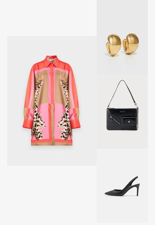 Roberto Cavalli DRESS - Φόρεμα πουκάμισο - coral red; Μαύρες δερμάτινες ψηλές γόβες slingback με σχέδιο σε μυτερή μύτη, διαθέτοντας κοψίματα μπροστά και λεπτό στιλέτο τακούνι.; Μαύρη δερμάτινη τσάντα ώμου Michael Kors με επάνω φερμουάρ, διαγώνια μπροστινή τσέπη με φερμουάρ, τσέπη με καπάκι και κουμπί πατιλέτα, και ασημί λεπτομέρεια αλυσίδας.; Χρυσά σκουλαρίκια με ομαλό, στρογγυλό σχέδιο και γυαλιστερή φινίρισμα. Διαθέτουν στυλ κλιπ για εύκολη χρήση.