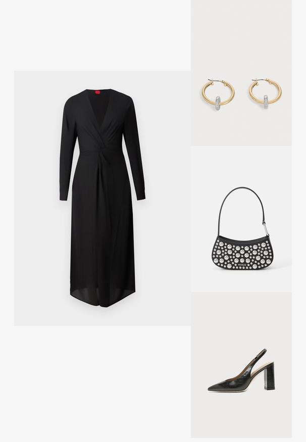Vestido negro de manga larga con escote en V profundo, detalle frontal retorcido y una silueta fluida. Fabricado en tejido ligero, con una etiqueta roja en el cuello.; Zapato slingback de piel negra con puntera puntiaguda, tacón alto y ancho, y forro interior beige sobre un fondo claro y liso.; Bolso de mano de cuero negro con forma curva, adornado con tachuelas de plata de diferentes tamaños y una correa corta. Logo "HUGO" impreso en la parte frontal.; Par de pendientes de aro en tono dorado con pequeño detalle de aro en tono plateado en cada uno, expuestos sobre un fondo gris claro.