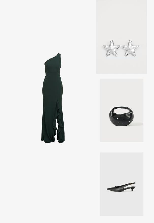 En-skulder, mørkegrøn kjole i et tætsiddende design med volangdetalje langs siden, lavet af glat stof og med en struktureret silhuet.; Sorte spidse slingback-sko lavet af glat læder. Har en tynd hæl og en spænde detalje på den justerbare rem.; Sort læderhåndtaske med en rundet form, dekoreret med sølvnitter, og et kort håndtag. Glat tekstur og lynlåslukning.; Sølvstjernede øreringe med en poleret, blank overflade. Hver ørering har fem spidser og subtile teksturdetaljer på overfladen.