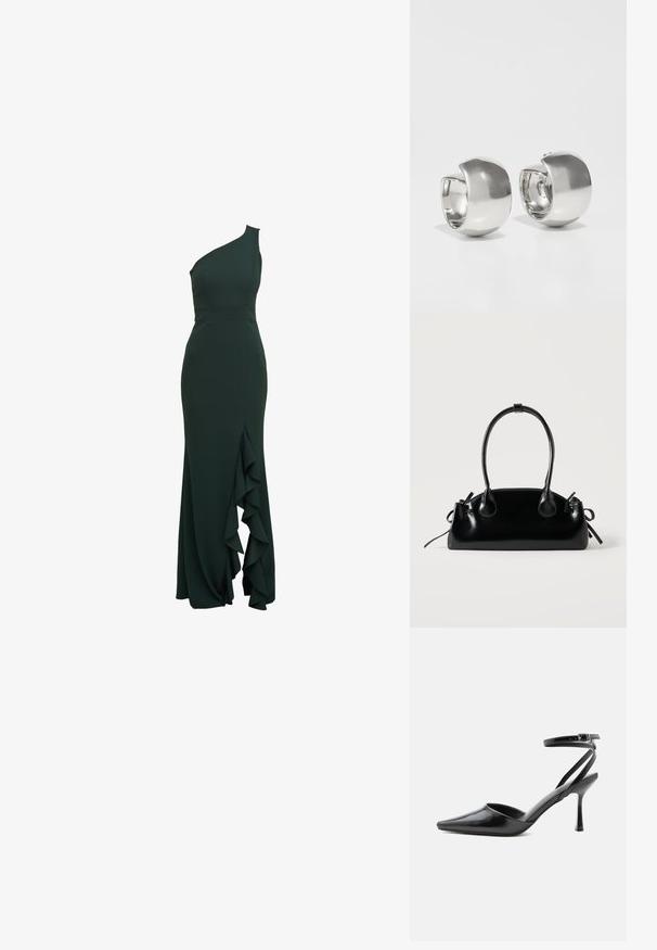 Eén-schouder, donkergroene jurk in een aansluitend ontwerp met een rucherichting langs de zijkant, gemaakt van smooth stof en met een gestructureerd silhouet.; Zwarte pumps met puntige neus, dunne enkelbandjes en een zilveren gesp op een effen lichte achtergrond.; Kleine zwarte glanzende handtas met twee lange hengsels en zijkant trekkoord details op een effen lichte achtergrond.; Uncommon Matters SCULPTURAL LARGE CREOLE - Oorbellen - silver-coloured